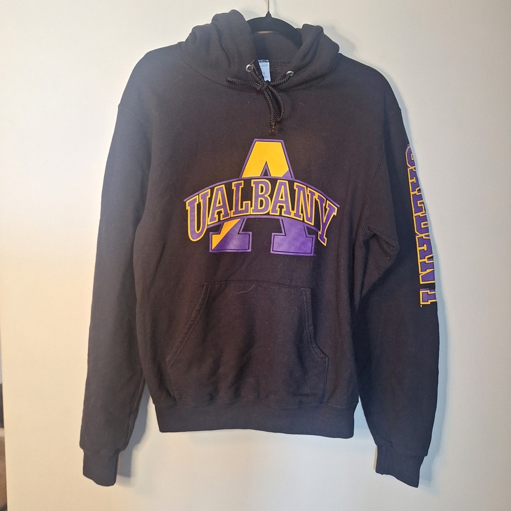 Champion Eco UAlbany Hoodie Black Purple Gold Unisex Size Small